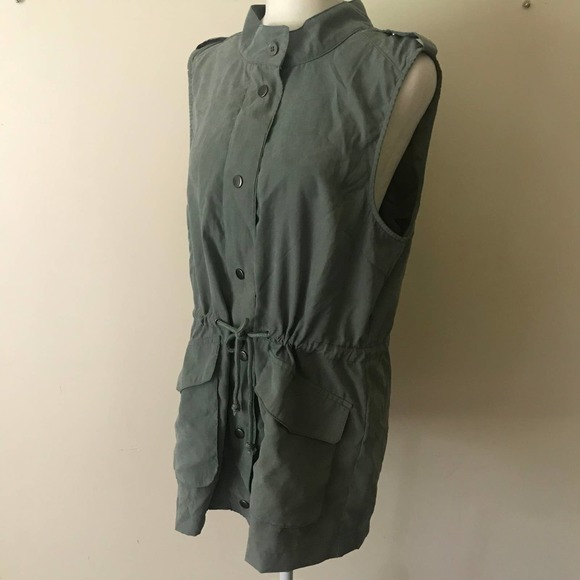 First Love Vest Womens Large‎ Green Cargo Military Drawstring Snap Full Zip Gorp - Picture 2 of 8